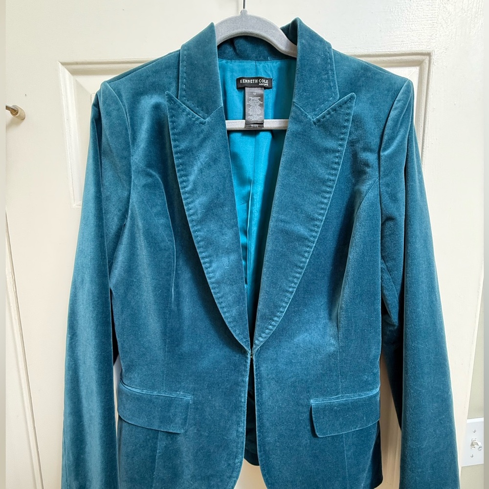 EUC Kenneth Cole Teal Blue Velvet Waist Cinching Blazer SZ 12